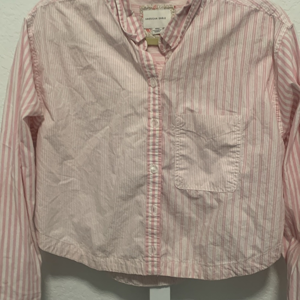 American Eagle Pink Patchwork Striped Cropped Long Sleeve Button Down Shirt - Picture 4 of 9